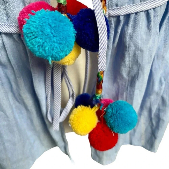 English Factory Blue Pom Pom Tie Top Tiered Sleeve Blouse Size Small - Picture 9 of 16